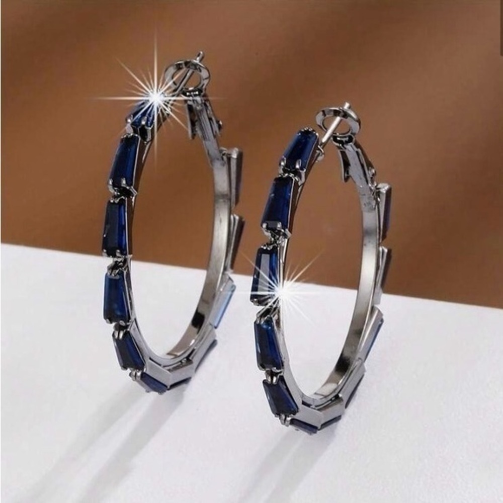 Black Gold Dark Blue Spinel Hoop Earrings